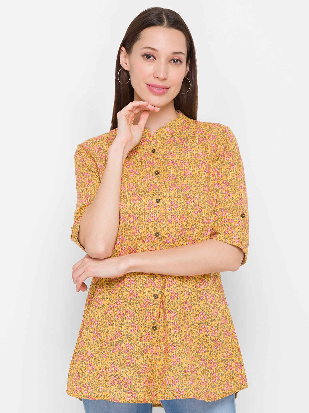 

ZOLA Pure Cotton Mandarin Collar Printed Lightweight Tunic, Mustard