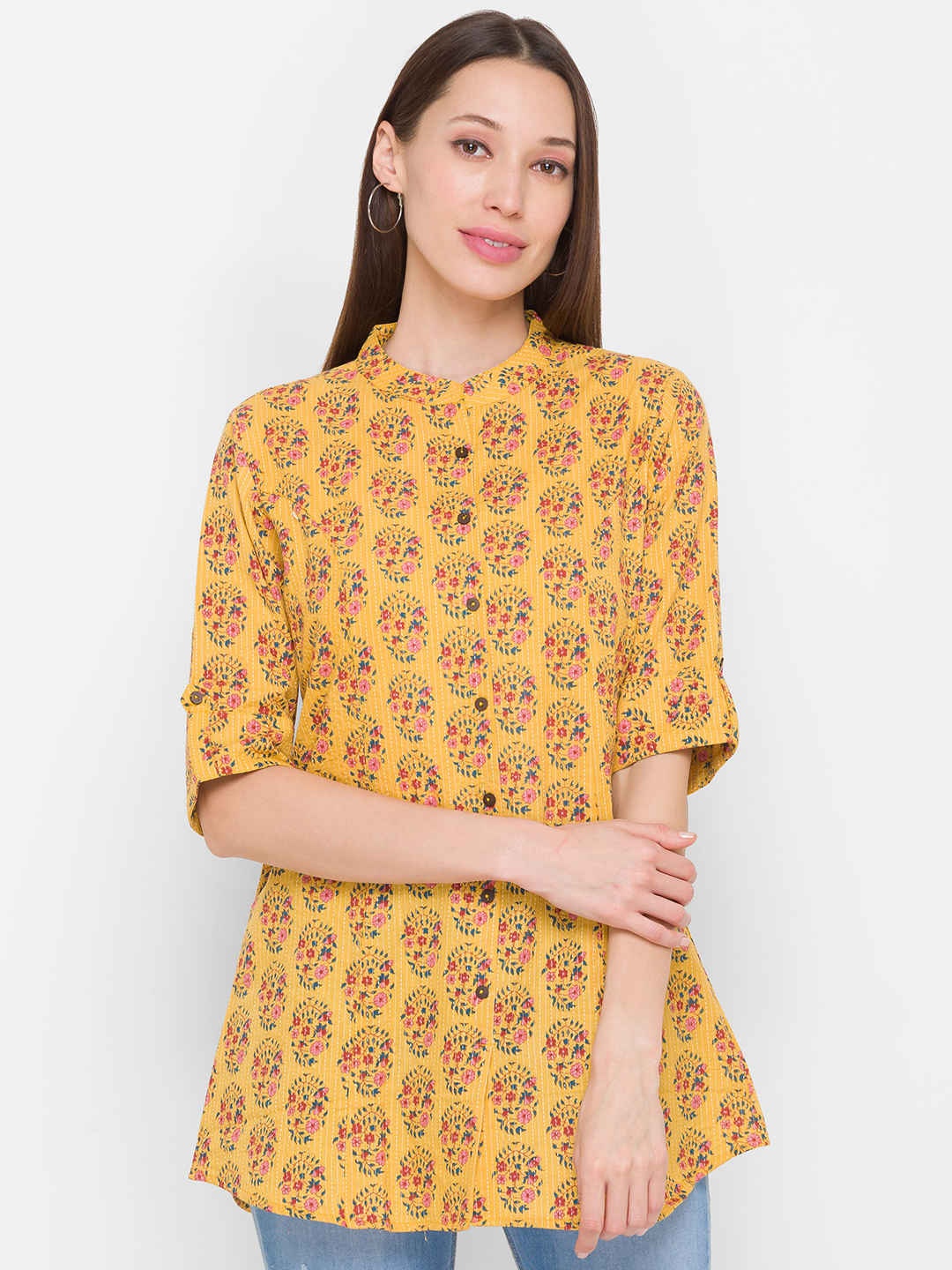 

ZOLA Floral Printed Short Sleeves Mandarin Collar Tunic, Yellow