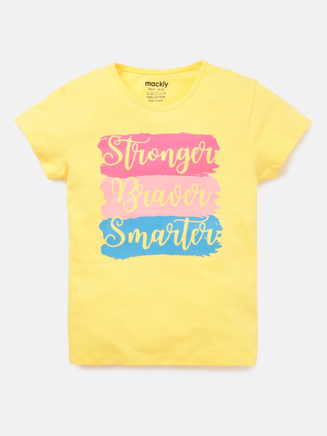 

mackly Girls Yellow Typography Printed Cotton T-shirt