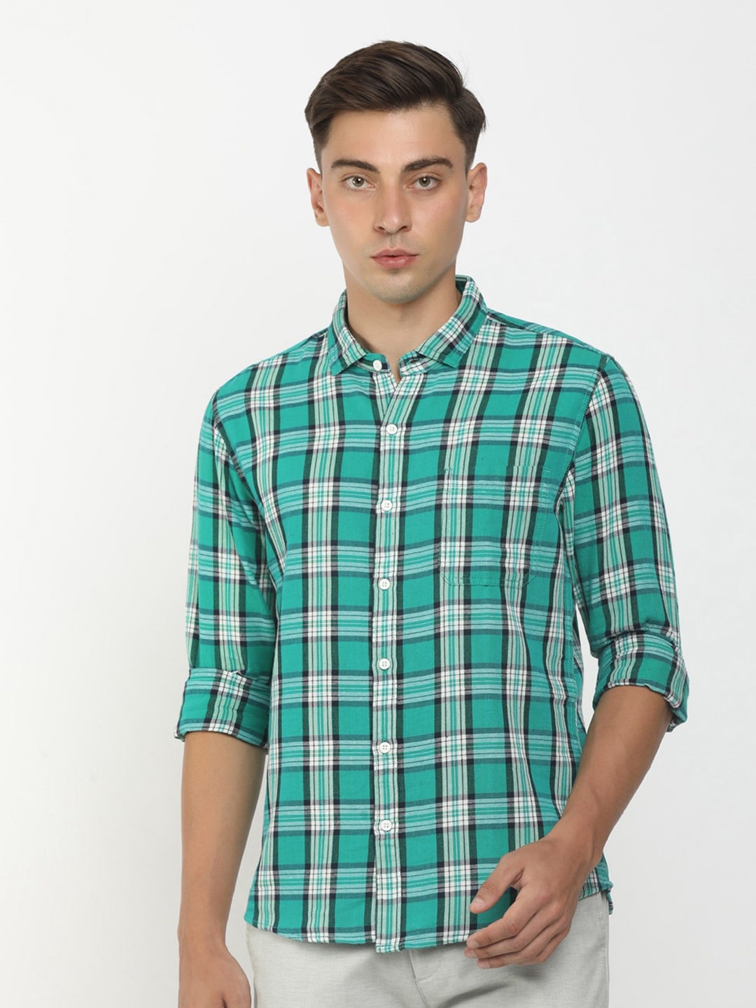

Cherokee Men Turquoise Blue Classic Tartan Checked Casual Shirt
