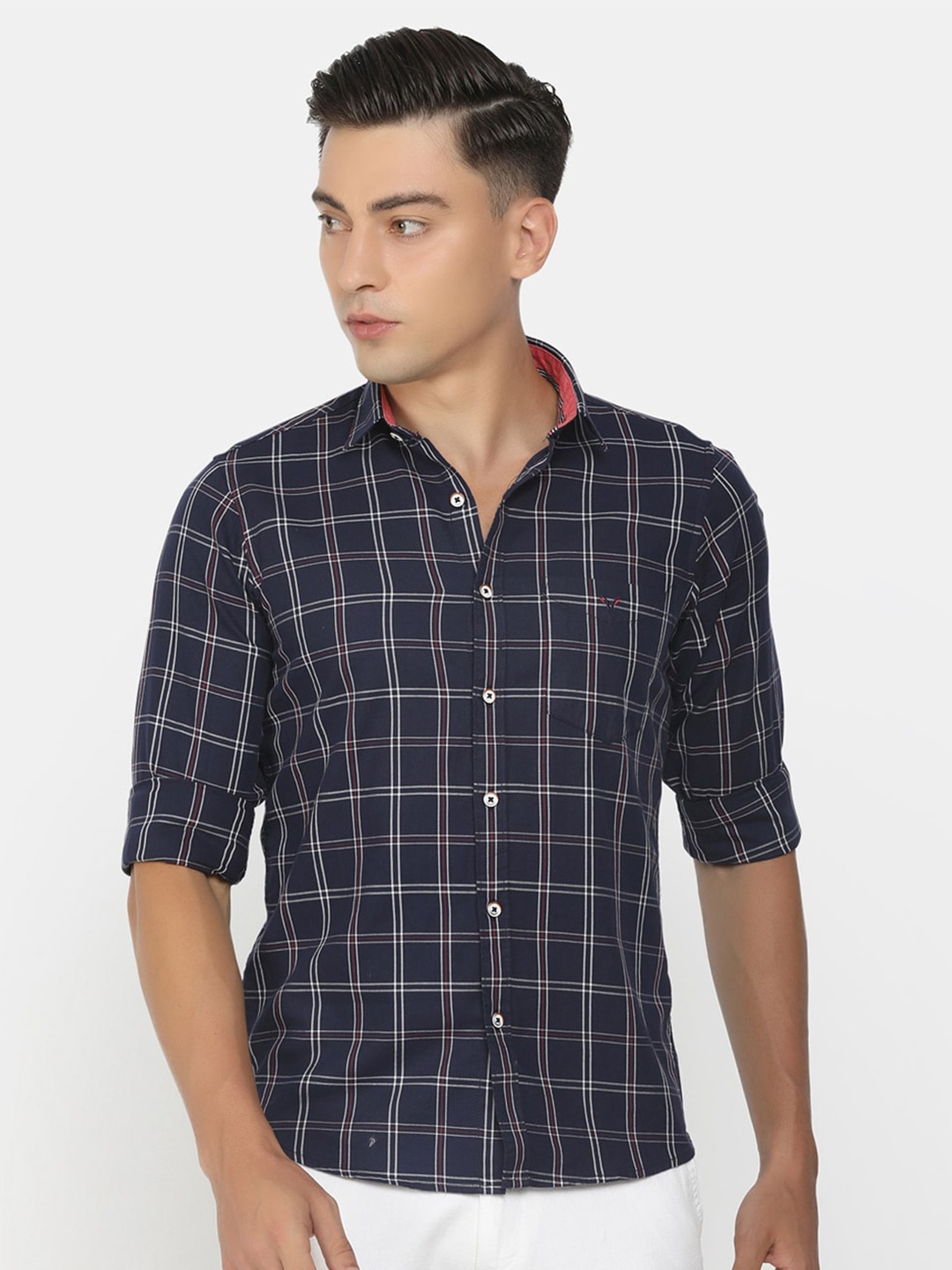 

V-Mart Men Navy Blue Classic Slim Fit Checked Casual Shirt