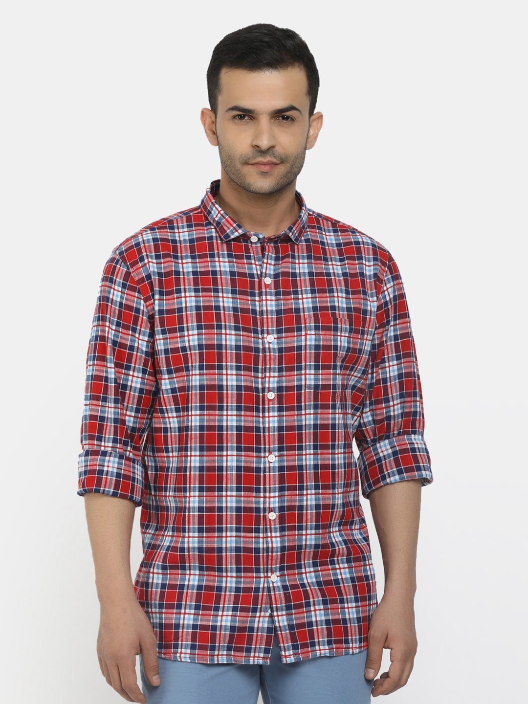 

Cherokee Men Red Classic Tartan Checks Checked Regular Fit Cotton Casual Shirt