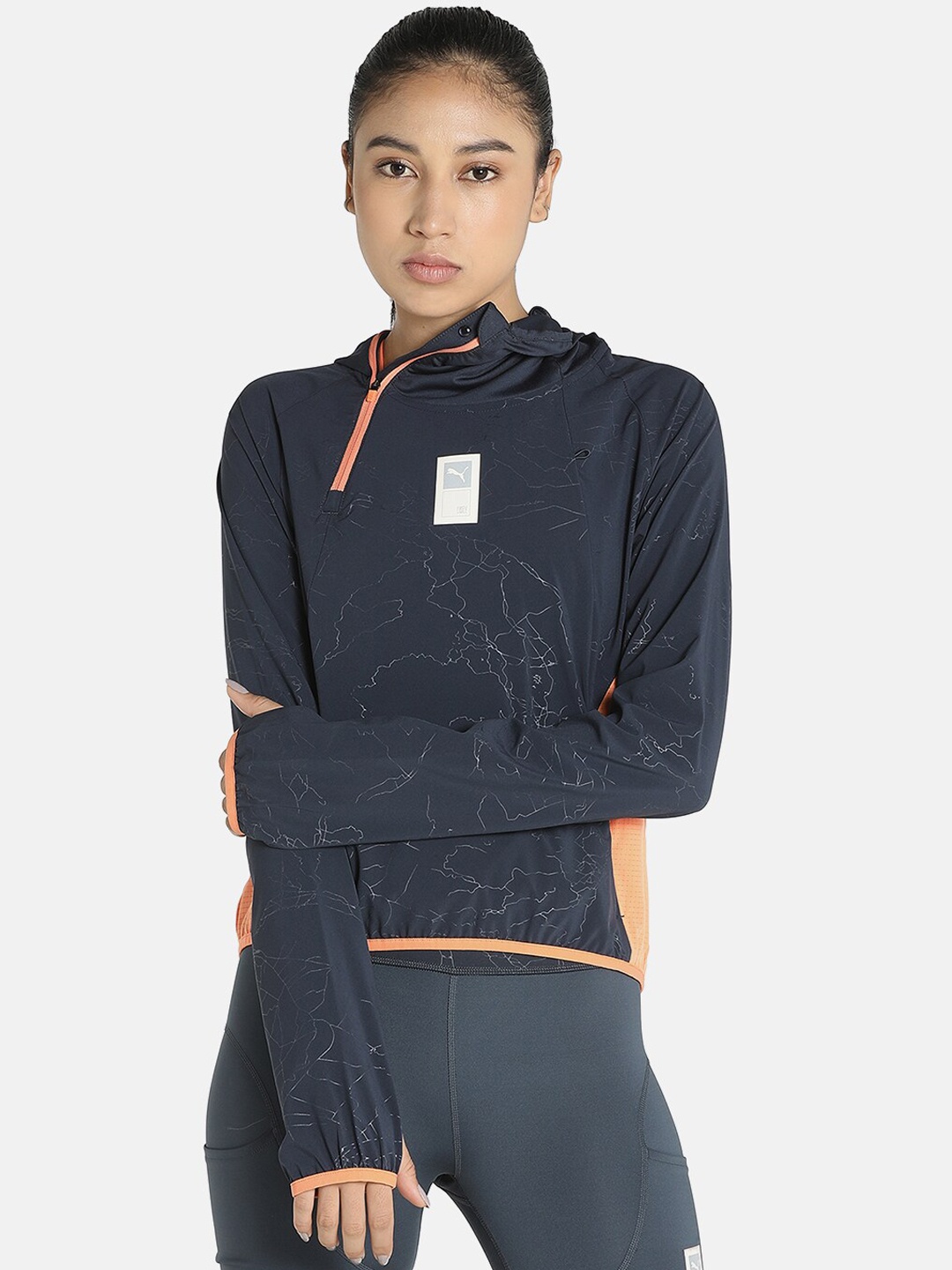 

Puma Women Navy Blue Orange Colourblocked Running Sporty Jacket