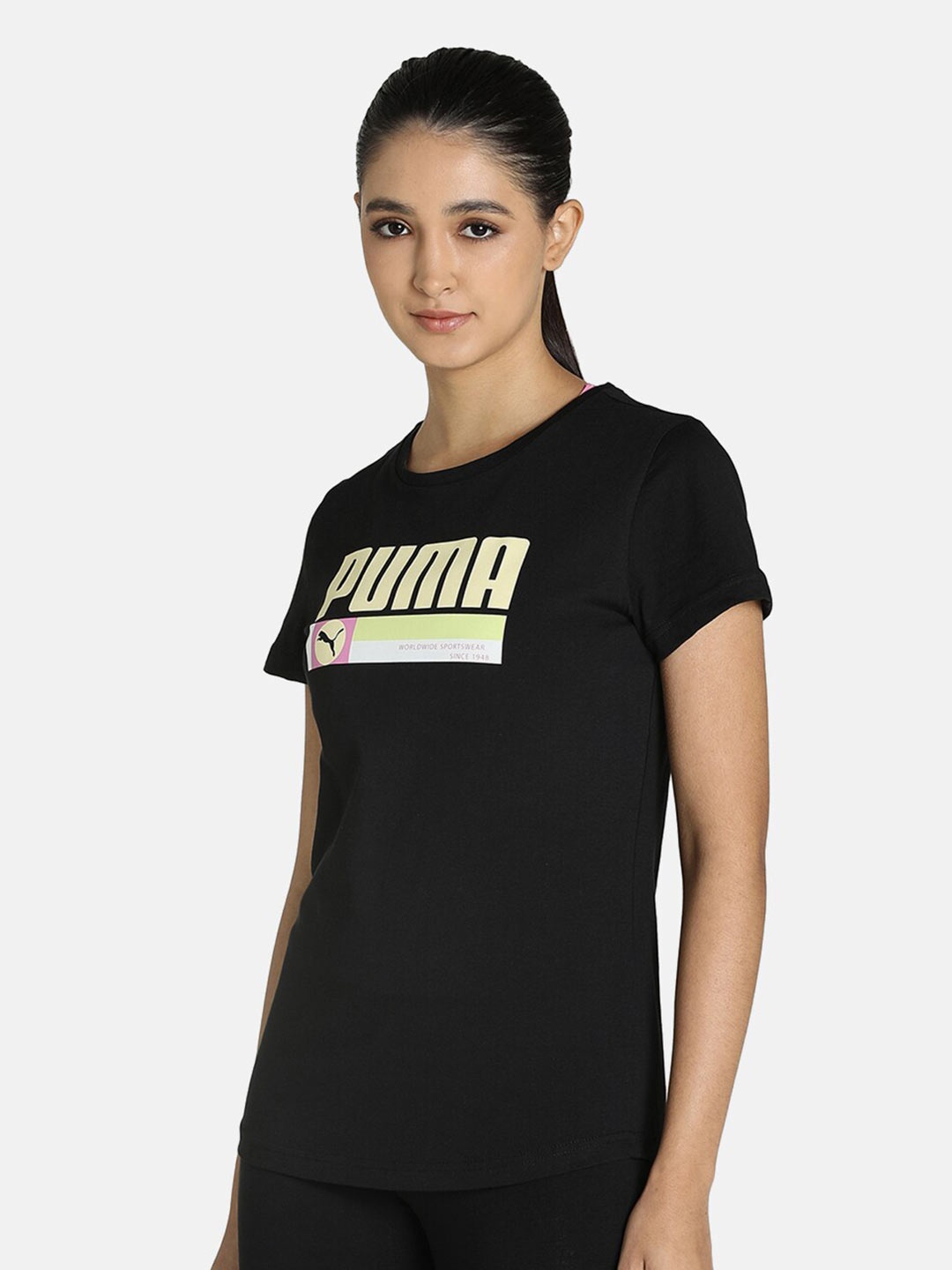 

Puma Women Black Typography Printed Cotton T-shirt