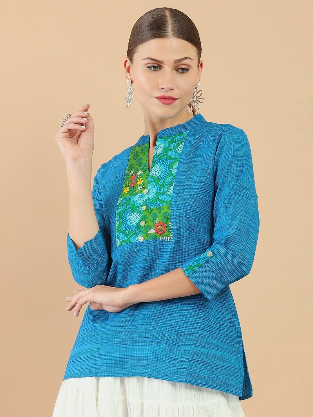 

Soch Blue & Green Mandarin Collar Printed Cotton Tunic