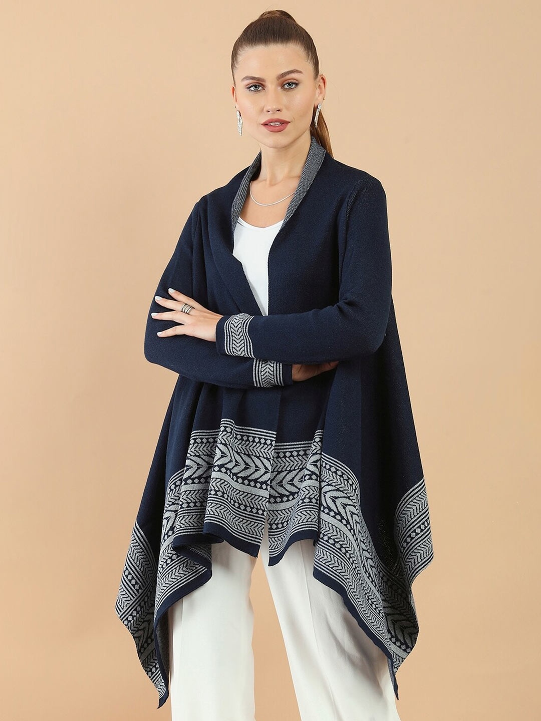 

Soch Women Navy Blue & White Woven Design Open Front Shrug