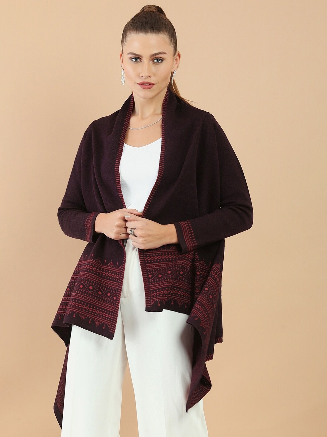 

Soch Women Burgundy Woven Design Ethnic Asymmetric Longline Rayon open Front Shrug