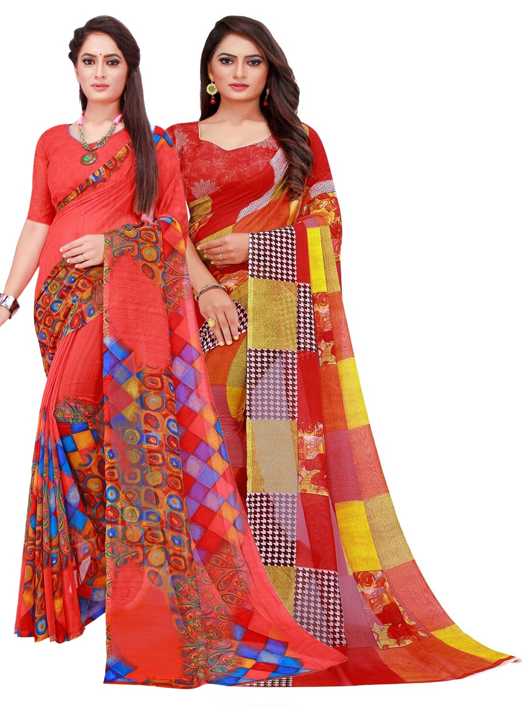 

Florence Red & Yellow Printed Pure Georgette Saree Pack Of 2