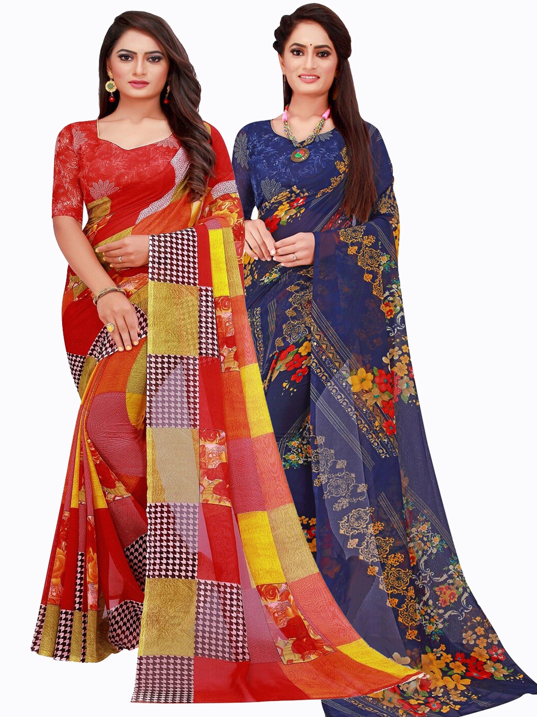 

Florence Pack of 2 Red & Navy Blue Floral Pure Georgette Sarees