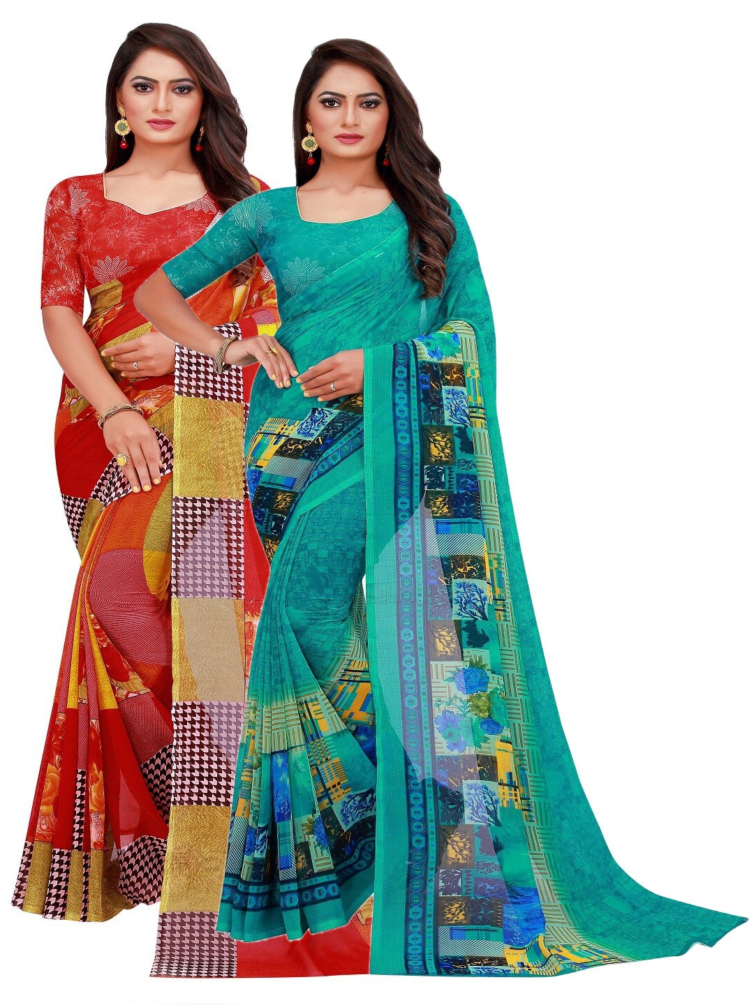 

Florence Teal & Red Printed Pure Georgette Saree Pack Of 2