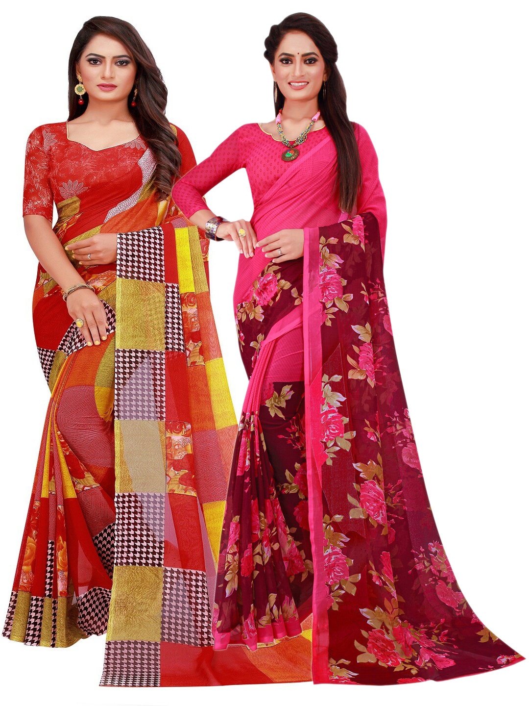 

Florence Pack Of 2 Red & Magenta Floral Printed Pure Georgette Saree