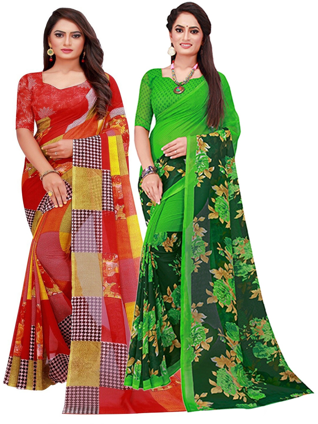 

Florence Pack Of 2 Red & Green Floral Pure Georgette Saree