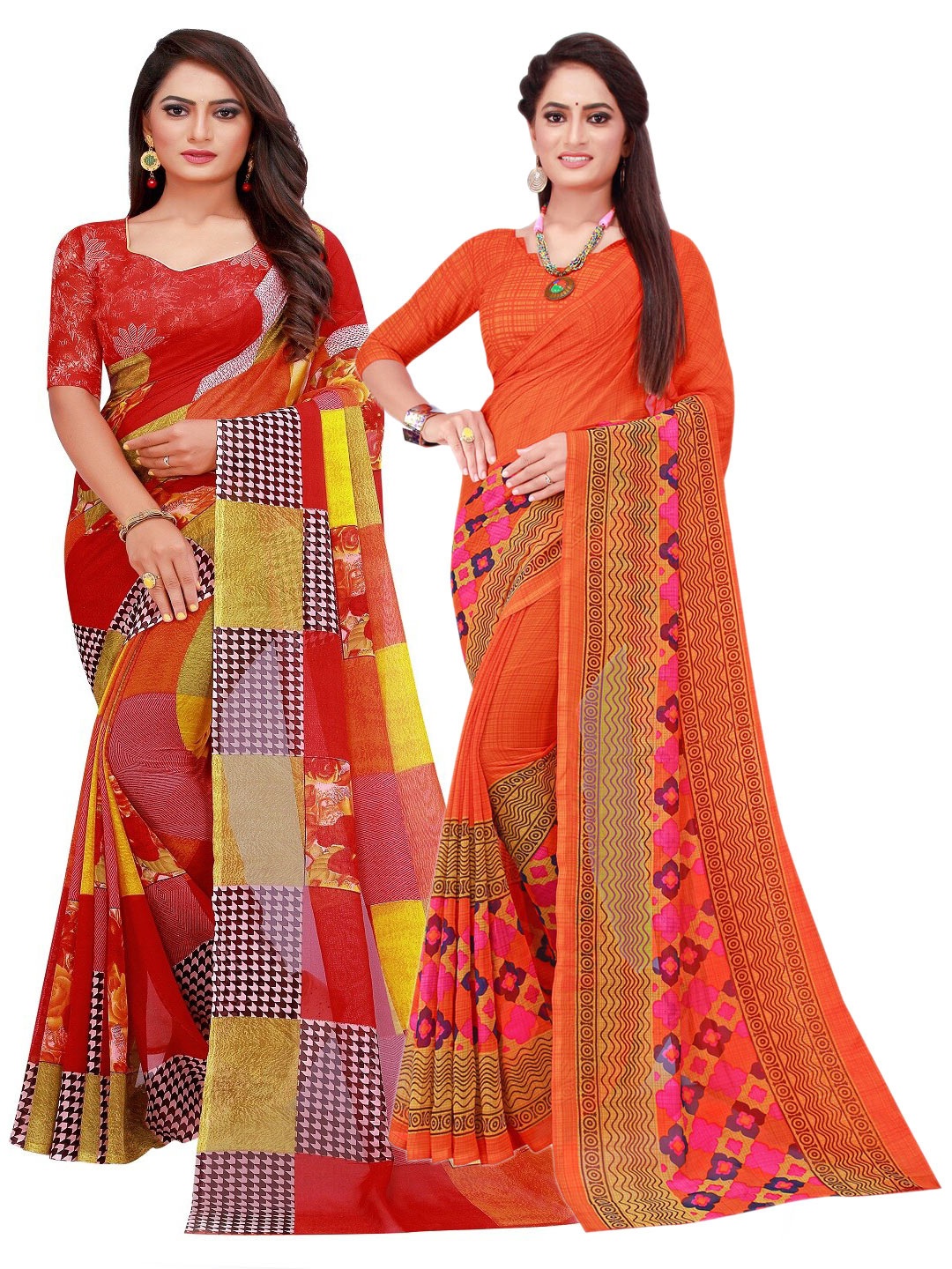 

Florence Orange & Red Printed Pure Georgette Saree Pack Of 2