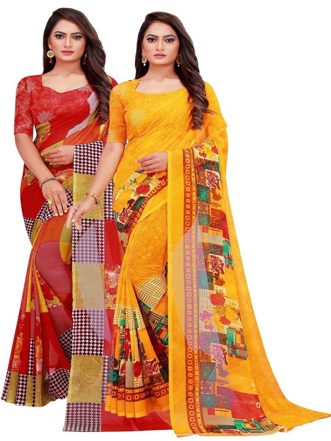 

Florence Pack Of 2 Red & Yellow Pure Georgette Saree