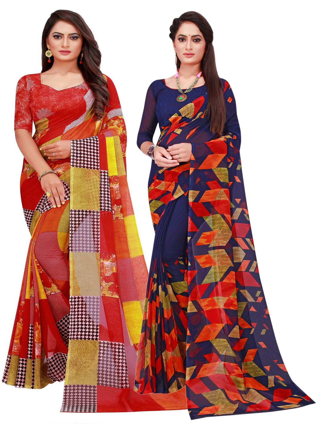 

Florence Pack Of 2 Navy Blue & Red Printed Pure Georgette Saree