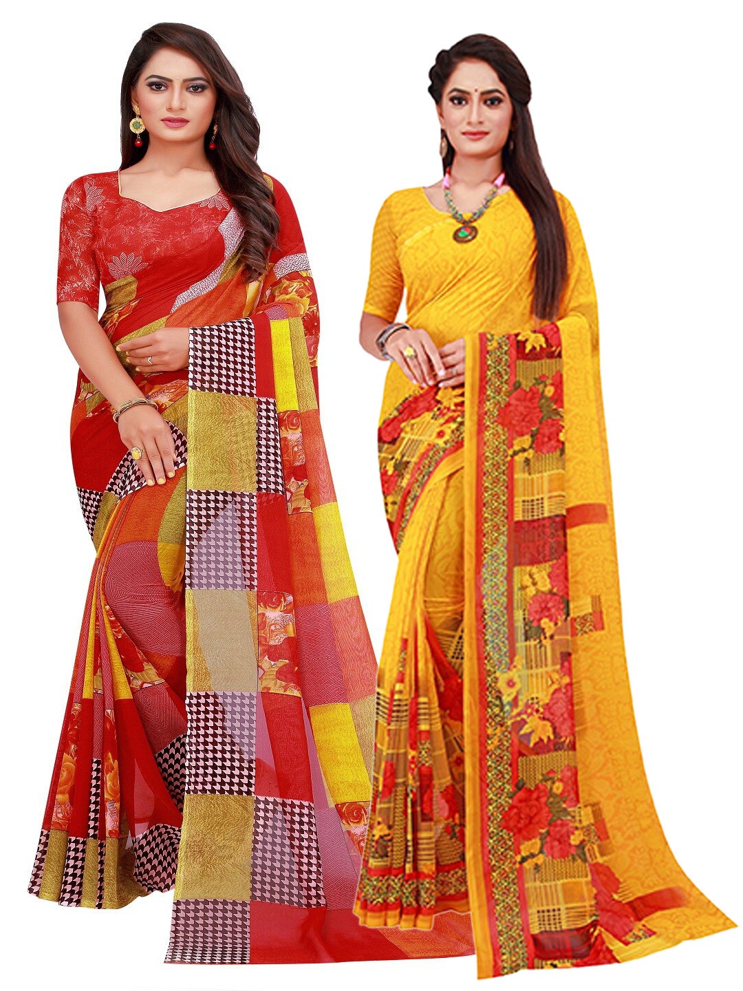 

Florence Pack Of 2 Yellow & Red Floral Printed Pure Georgette Saree