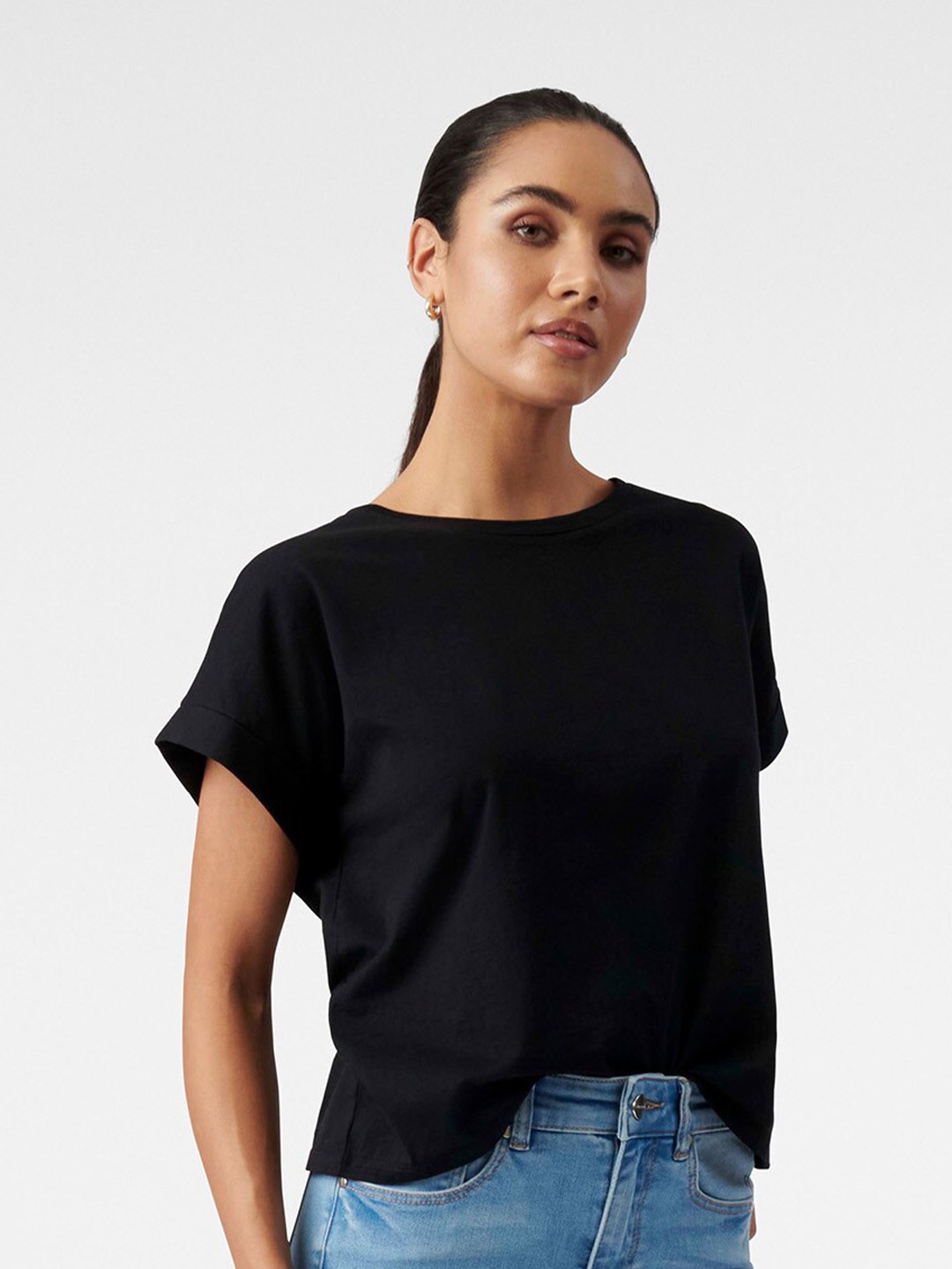 

Forever New Black Extended Sleeves Pure Cotton Top