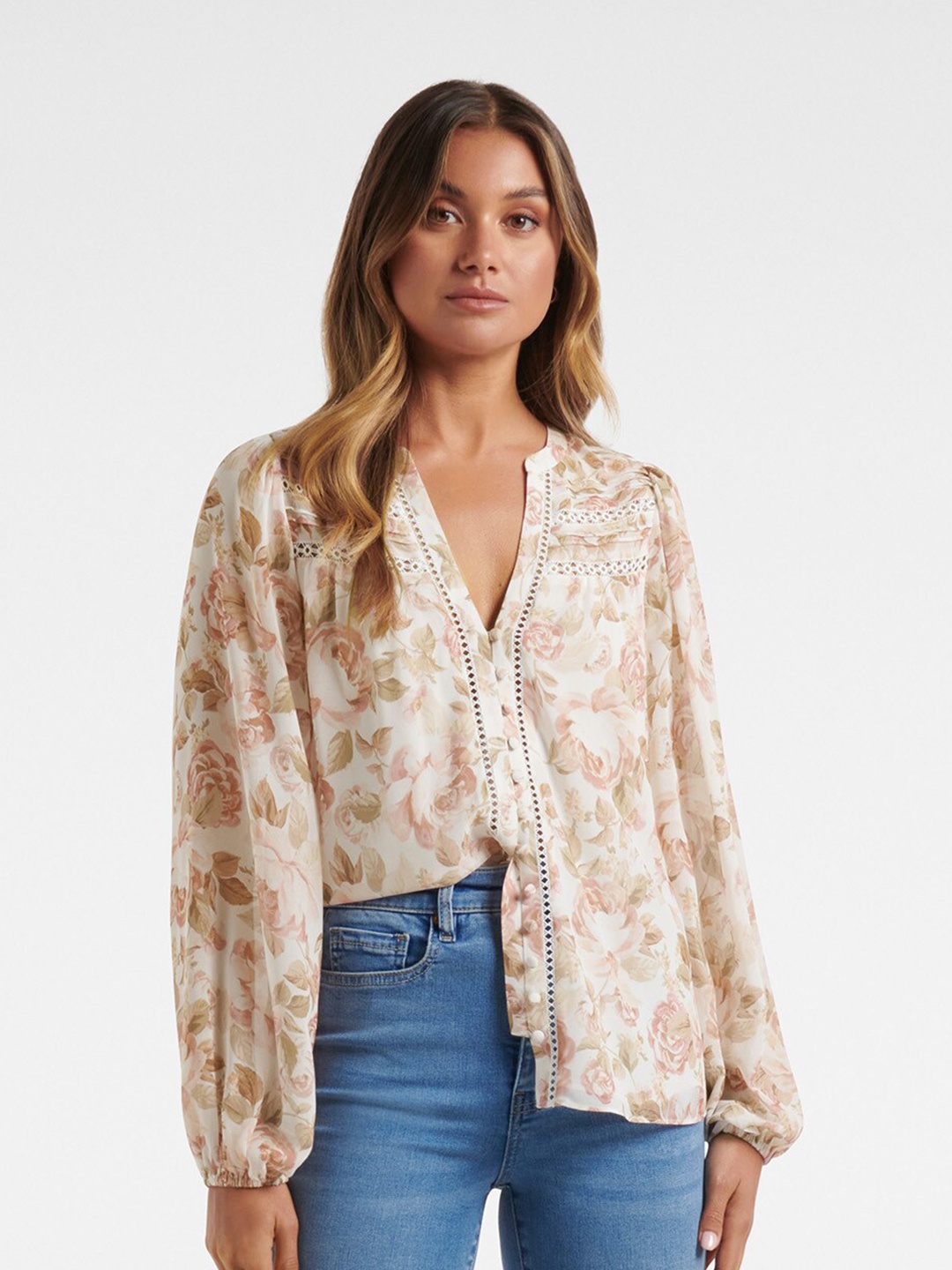 

Forever New Cream-Coloured & Brown Floral Print Mandarin Collar Shirt Style Top