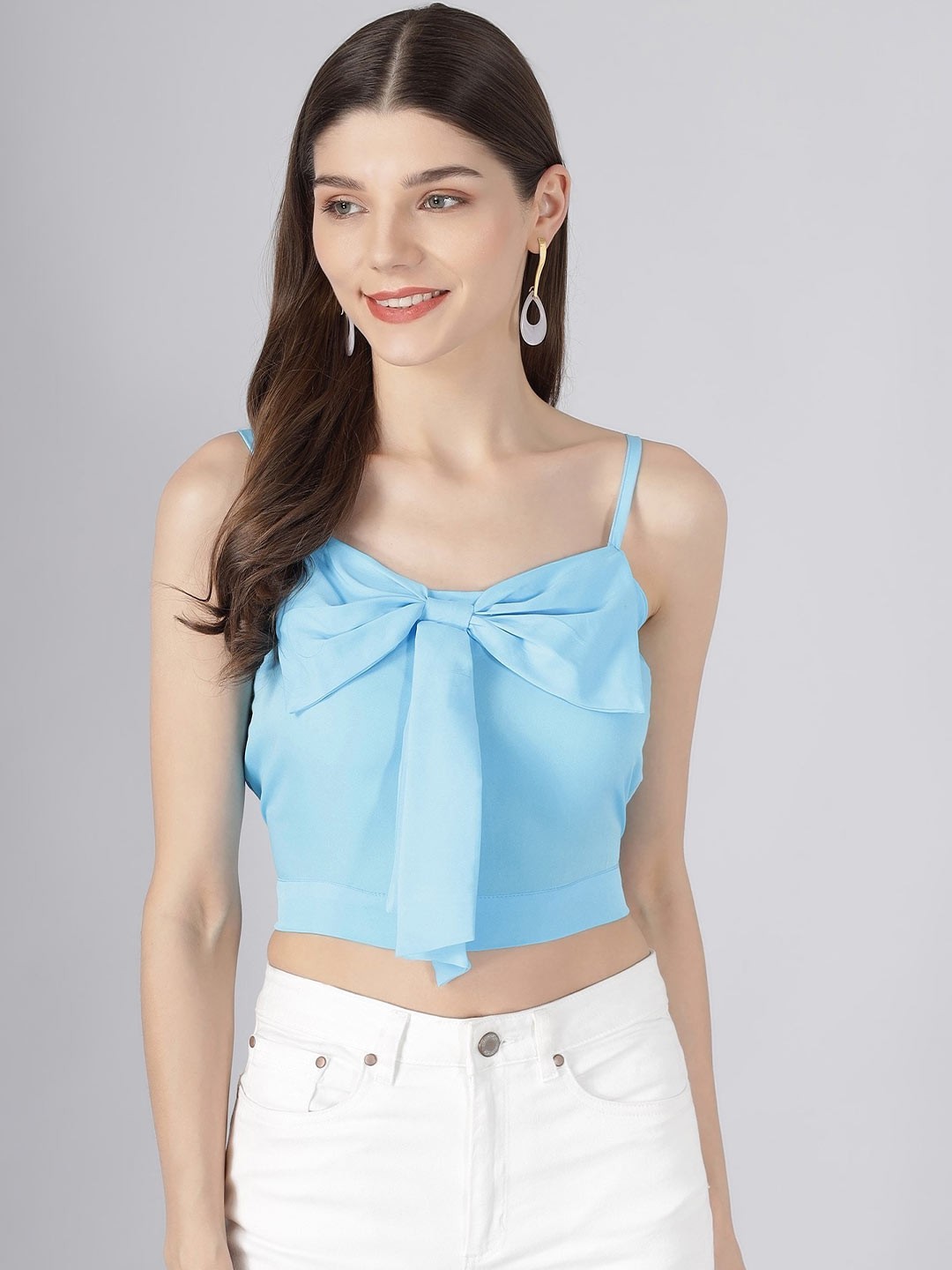 

Darzi Blue Solid Bow Crop Top