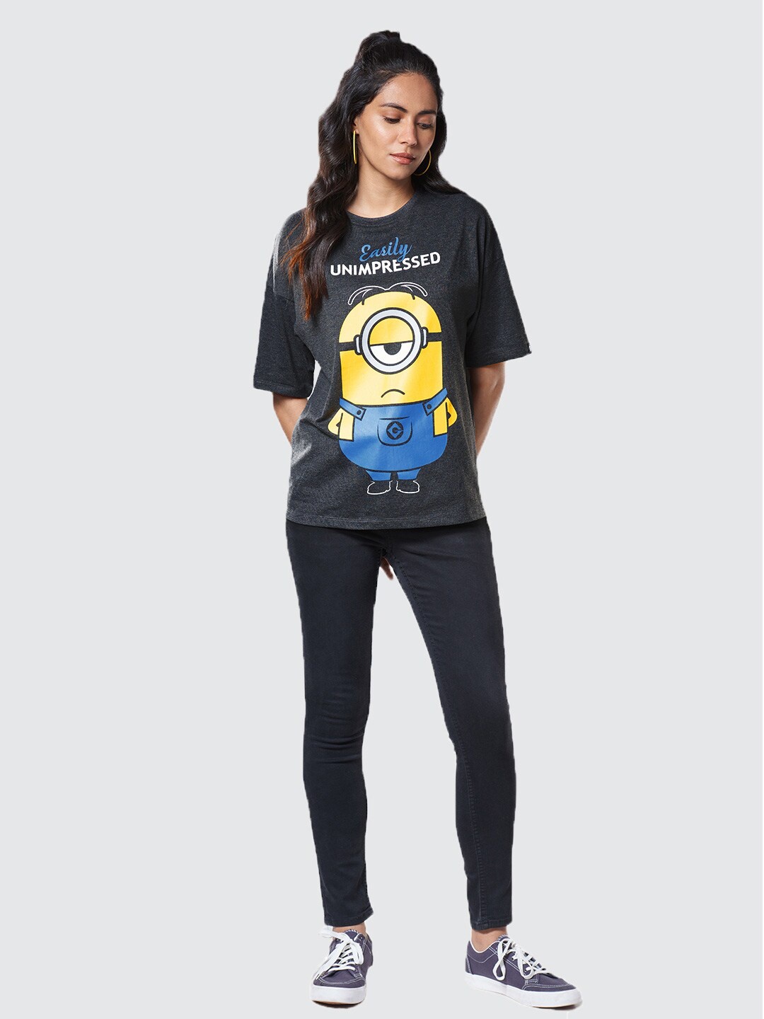 

The Souled Store Women Grey Minions Printed Cotton Oversized T-shirt