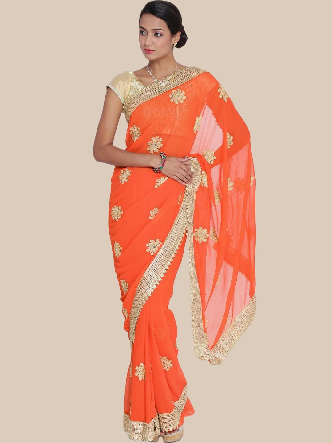 

KALINI Orange & Gold-Toned Floral Embroidered Party Wear Saree