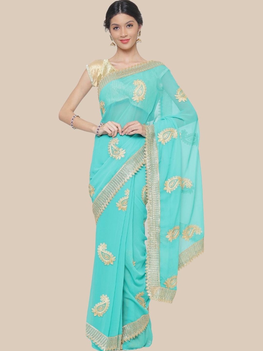 

KALINI Turquoise Blue & Gold-Toned Paisley Embroidered Saree