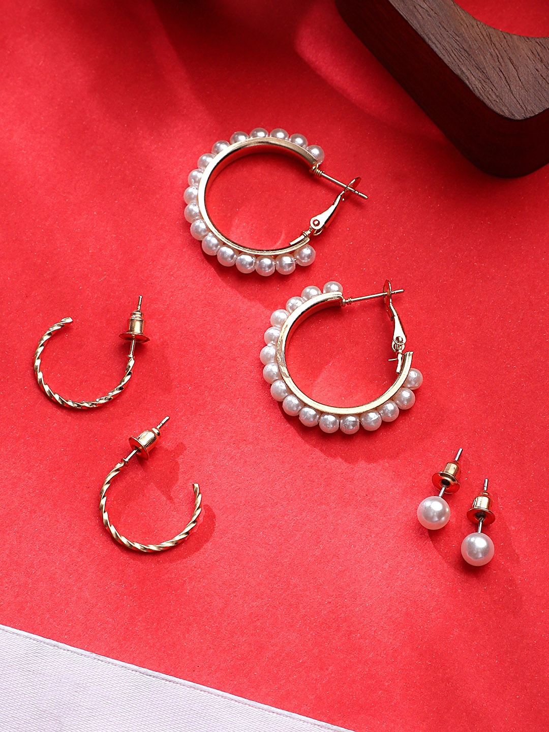 

KACY Pack of 3 White & Gold-Plated Contemporary Half Hoop Earrings