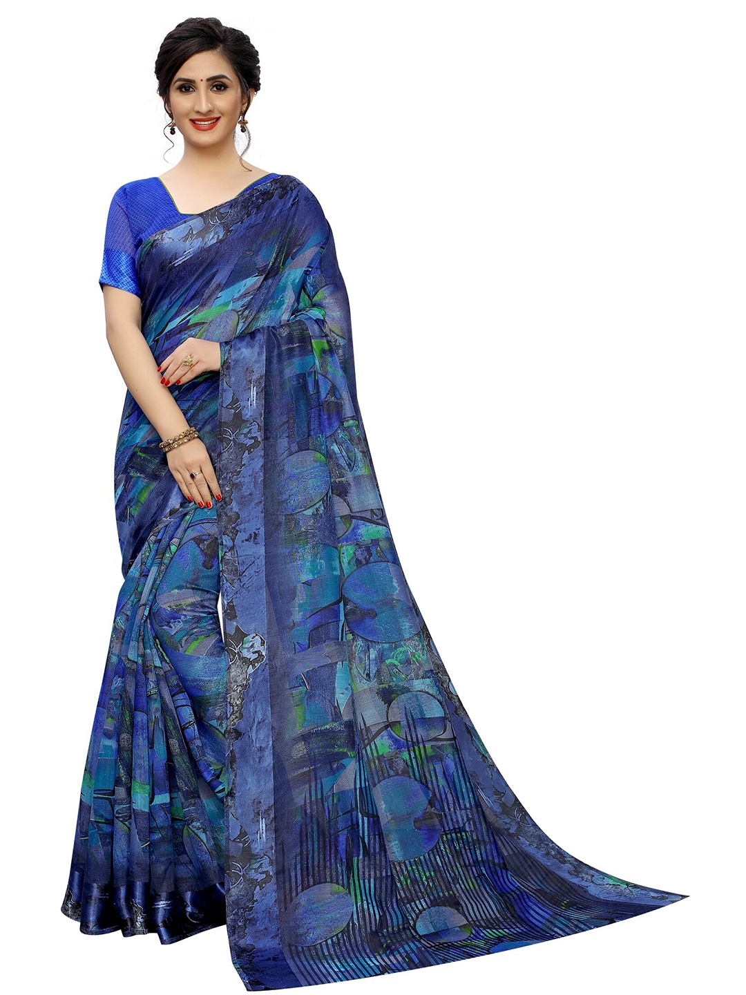 

PERFECTBLUE Blue & Green Geometric Printed Saree