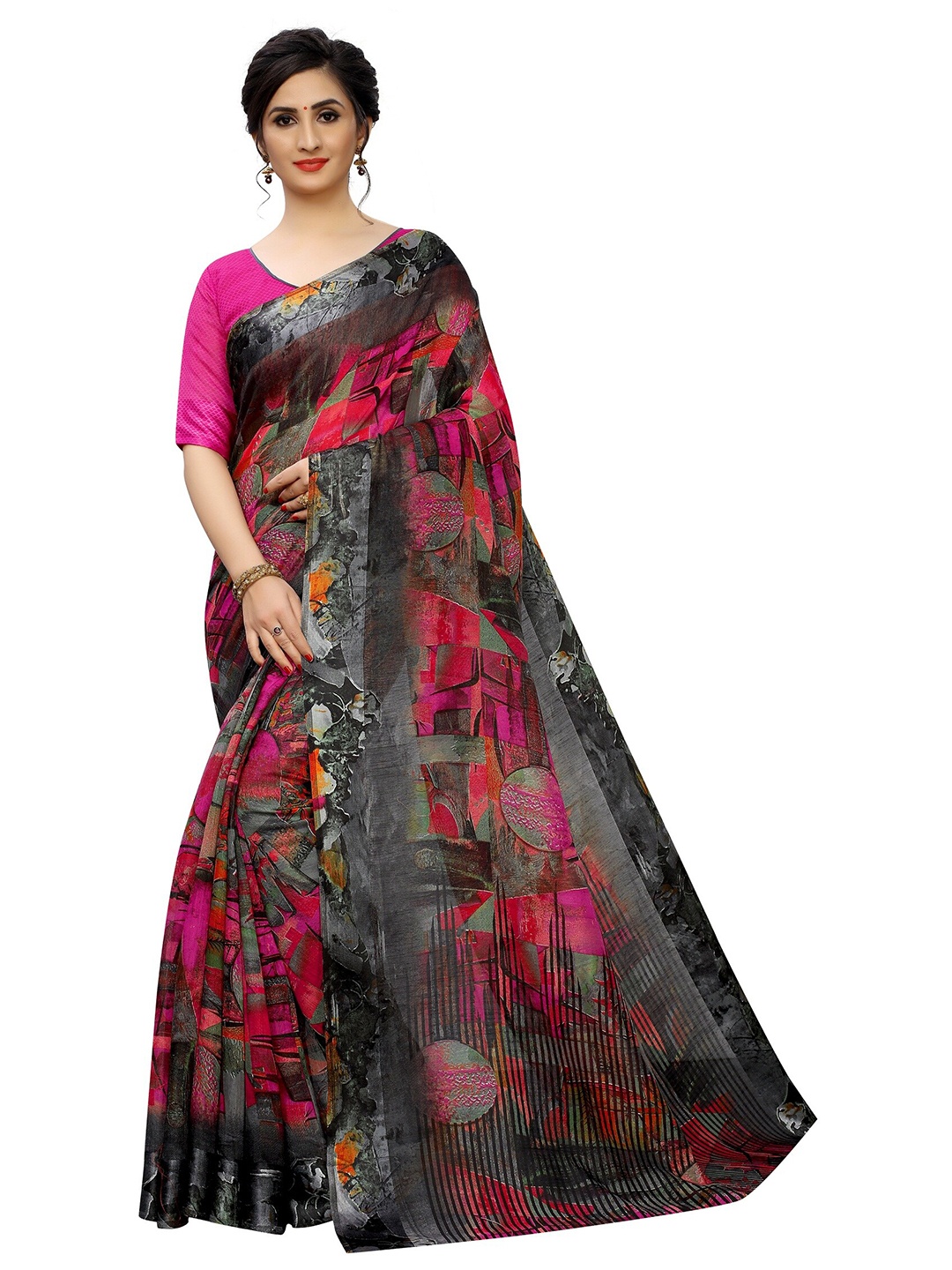 

PERFECTBLUE Pink & Grey Floral Printed Saree