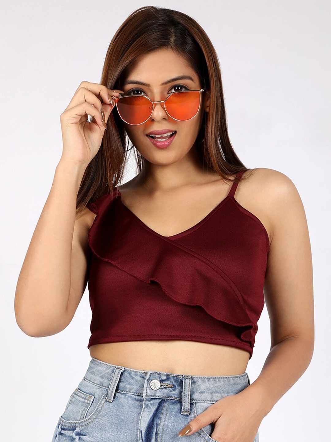 

CHIMPAAANZEE Maroon Ruffled Shoulder Strap Crop Top