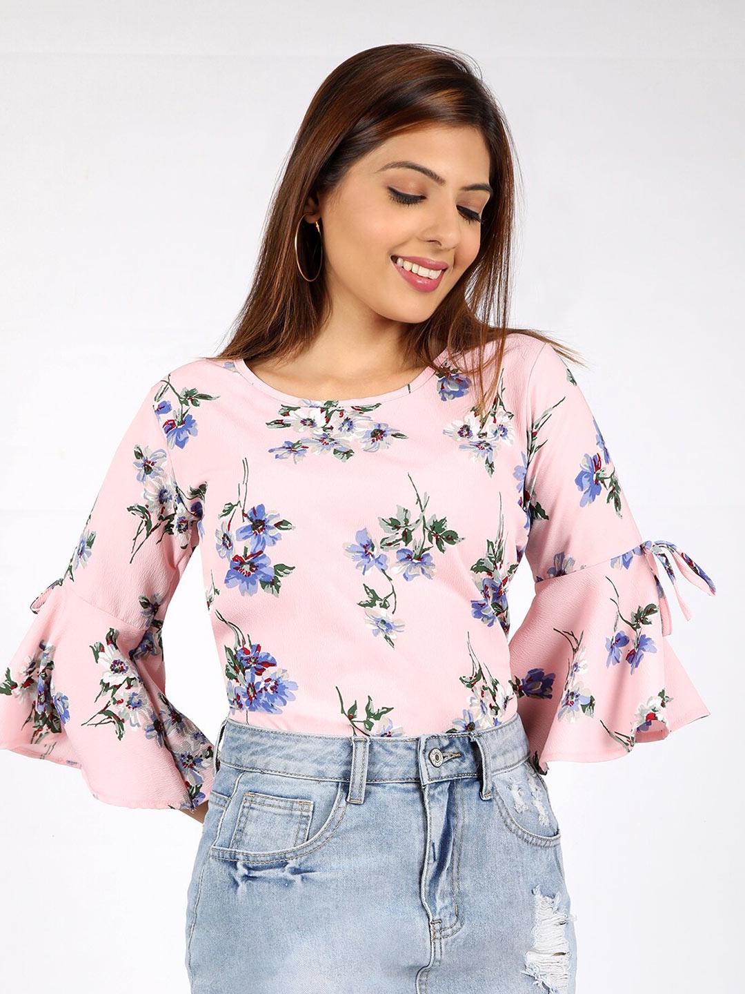 

CHIMPAAANZEE Pink & Blue Floral Print Bell Sleeves Top