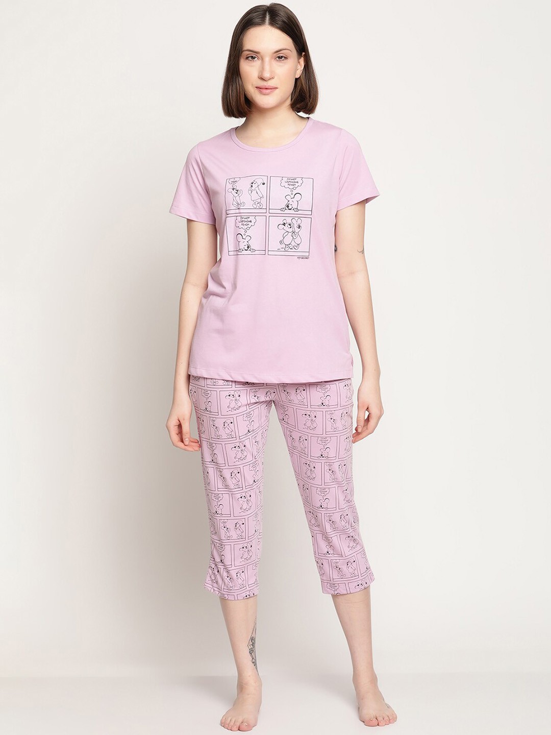 

MADAME M SECRET Women Mauve Printed Capri Night suit