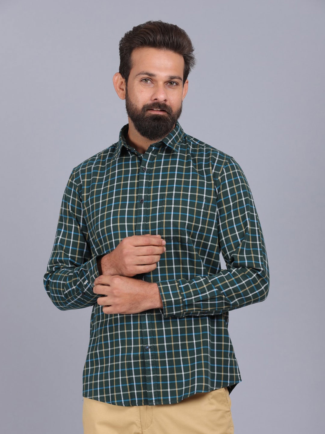 

CANOE Men Olive Green Checked Original Slim Fit Cotton Casual Shirt