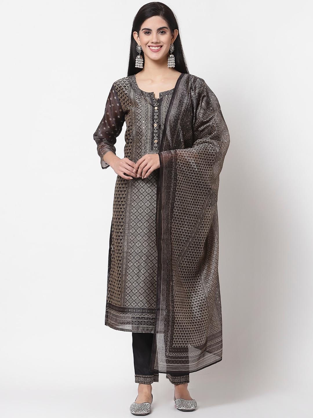 

Myshka Women Black Ethnic Motifs Printed Chanderi Silk Kurta With Trousers & Dupatta