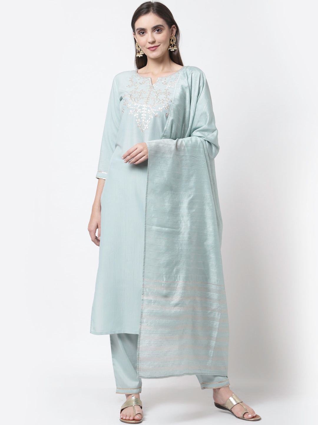 

Myshka Women Grey Embroidered Kurti with Trousers & With Dupatta