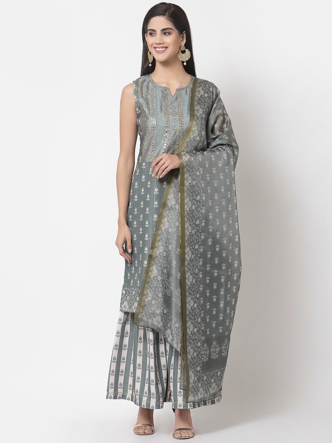 

Myshka Women Grey Floral Printed Cotton Blend Kurta Set