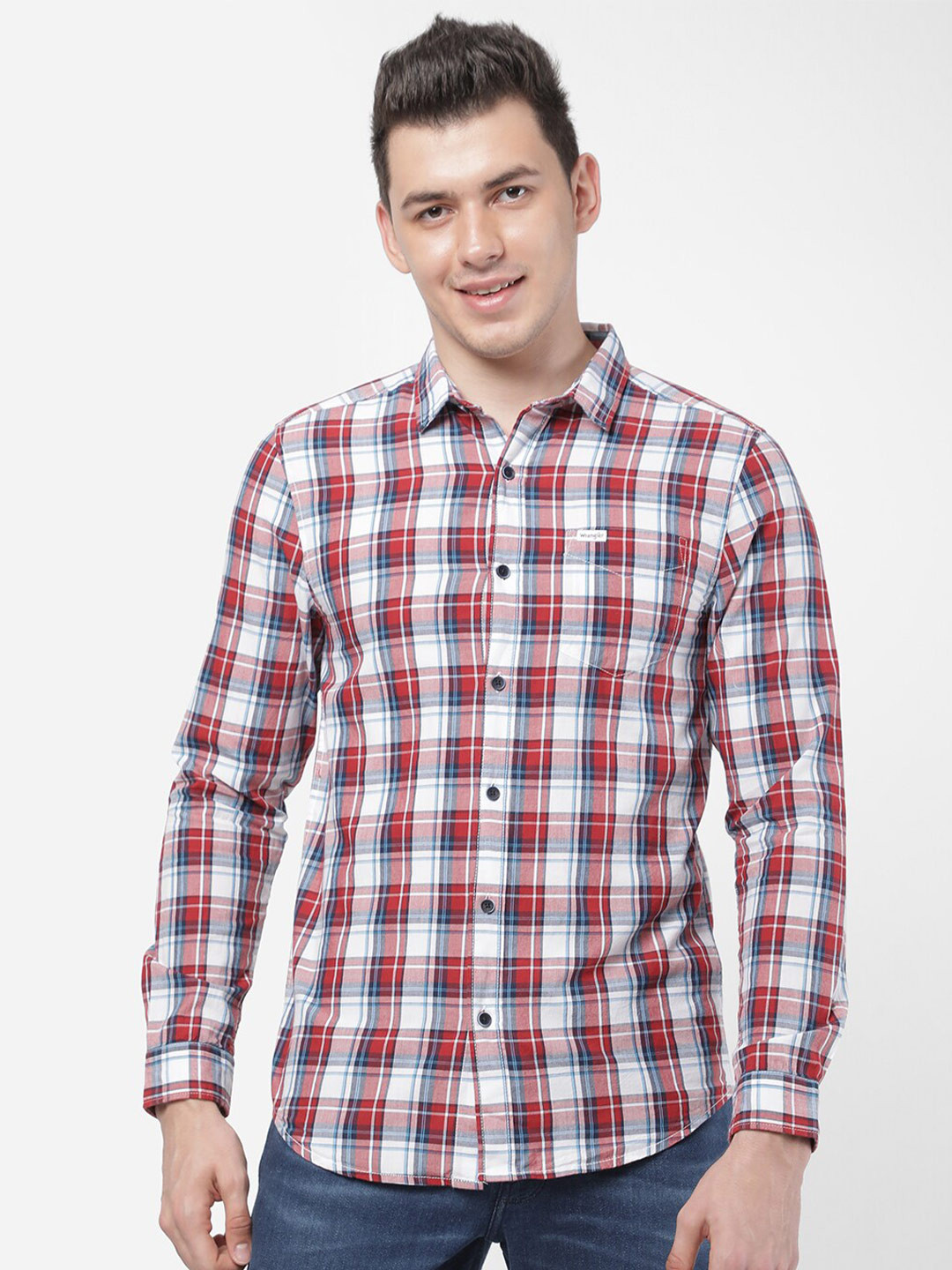 

Wrangler Men Red & White Slim Fit Tartan Checked Casual Shirt