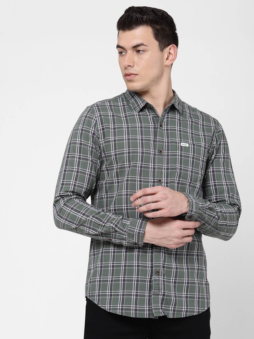 

Wrangler Olive Green Slim Fit Tartan Checks Cotton Casual Shirt