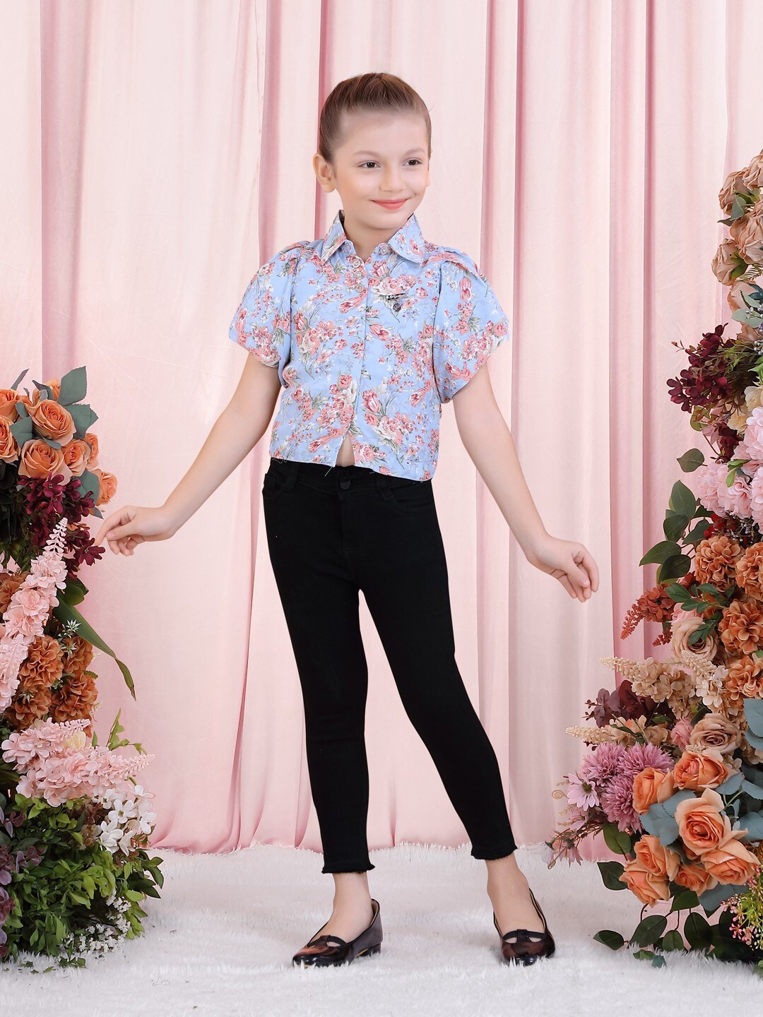 

POPLINS Blue Floral Print Shirt Style Top