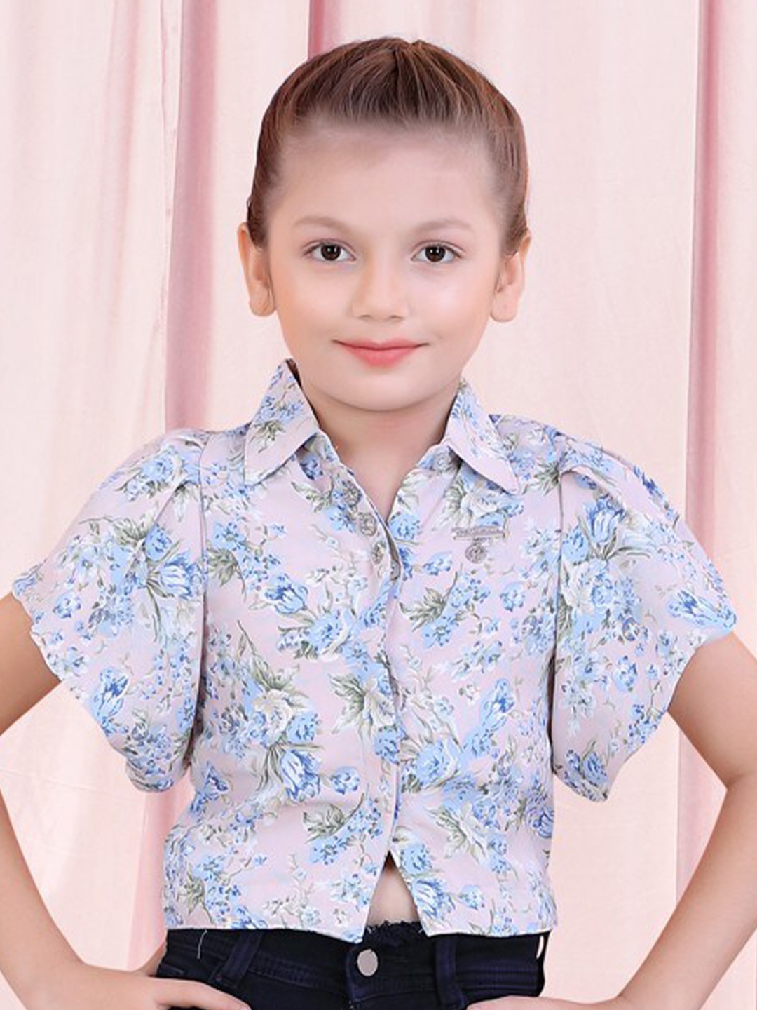 

POPLINS Pink & Blue Floral Print Shirt Style Top