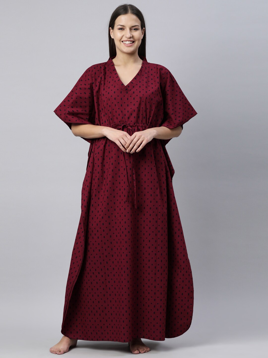 

Kryptic Maroon Printed Maxi Pure Cotton Kaftan Nightdress