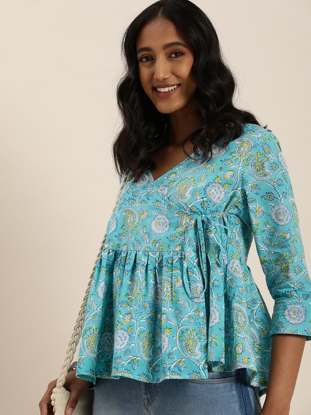 

Taavi Women Blue & Multicoloured HandBlock Printed Casual Wrap Top