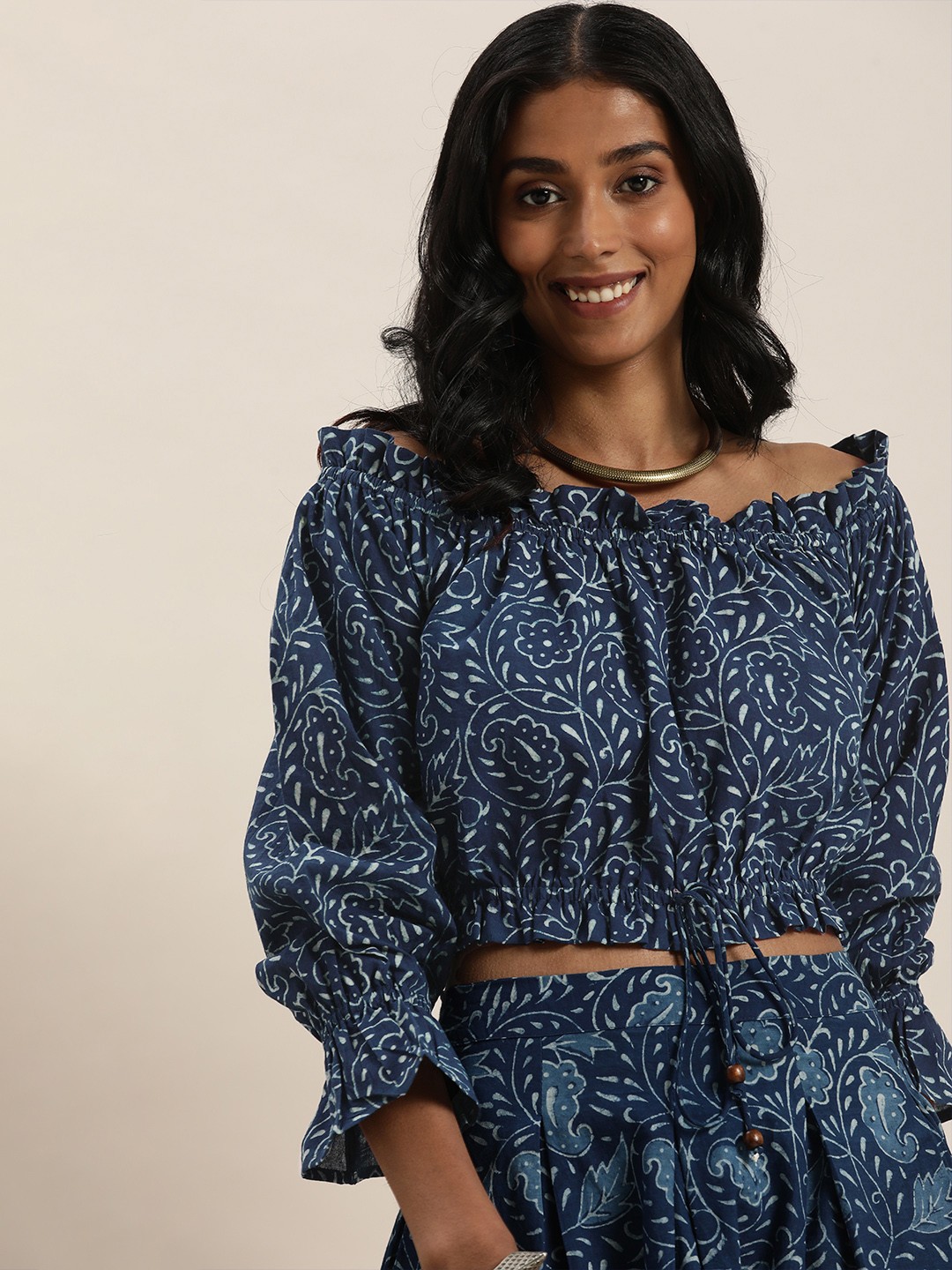 

Taavi Indigo Ethnic Motifs Printed Pure Cotton Off Shoulder A-Line Dress, Blue