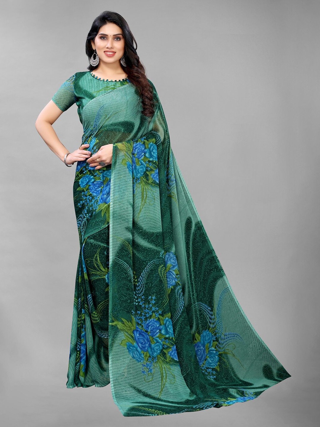 

PERFECTBLUE Green & Blue Floral Printed Saree