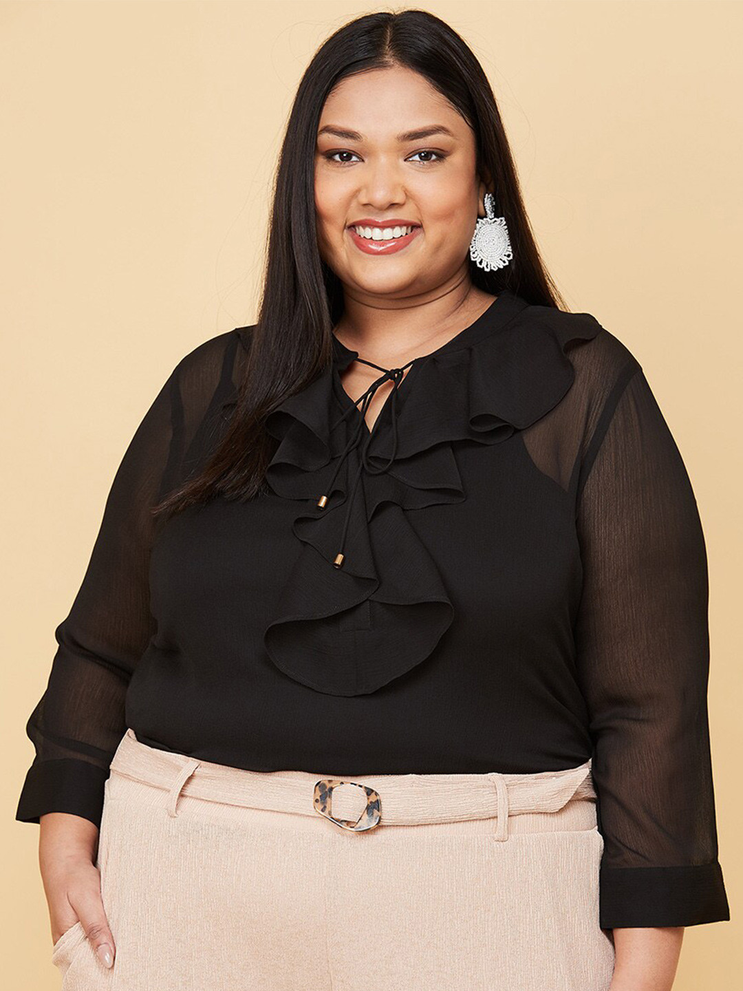 

max Plus Size Black Tie-Up Neck Top