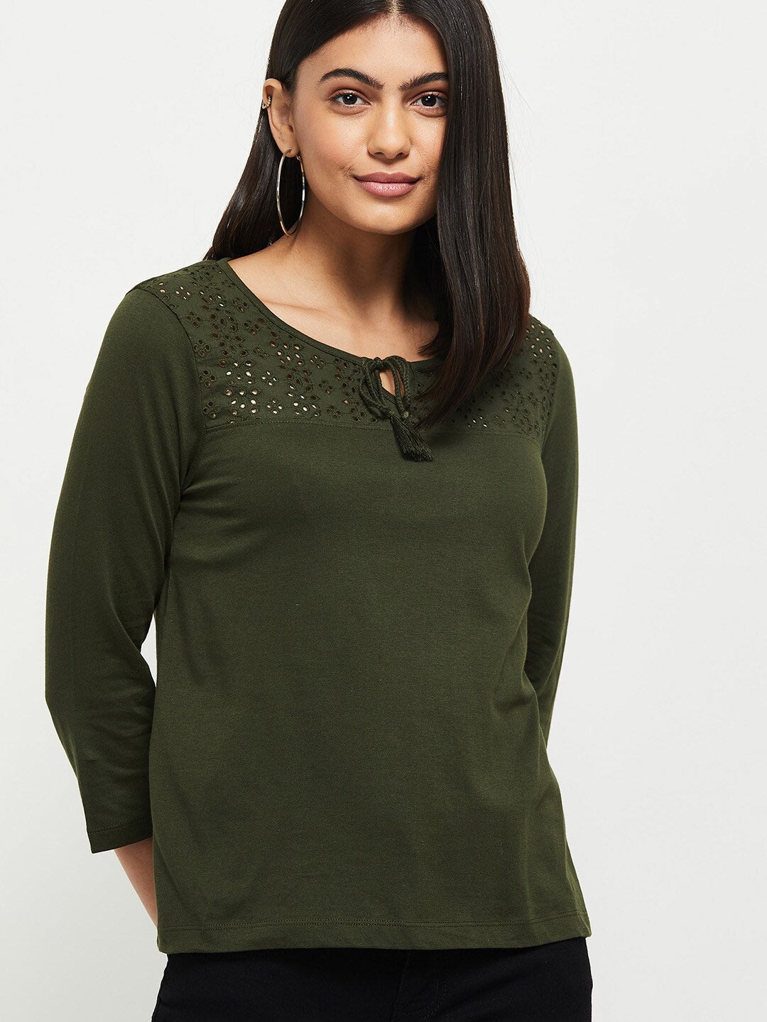 

max Olive Green Tie-Up Neck Top