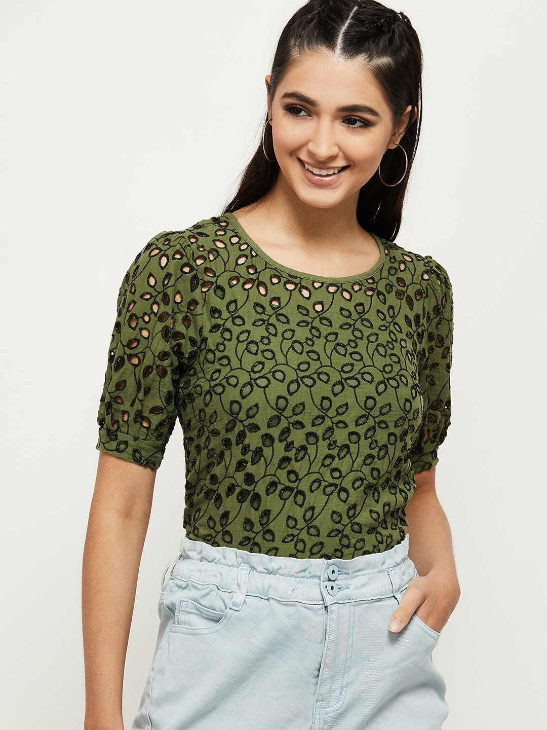 

max Olive Green Floral Embroidered Top