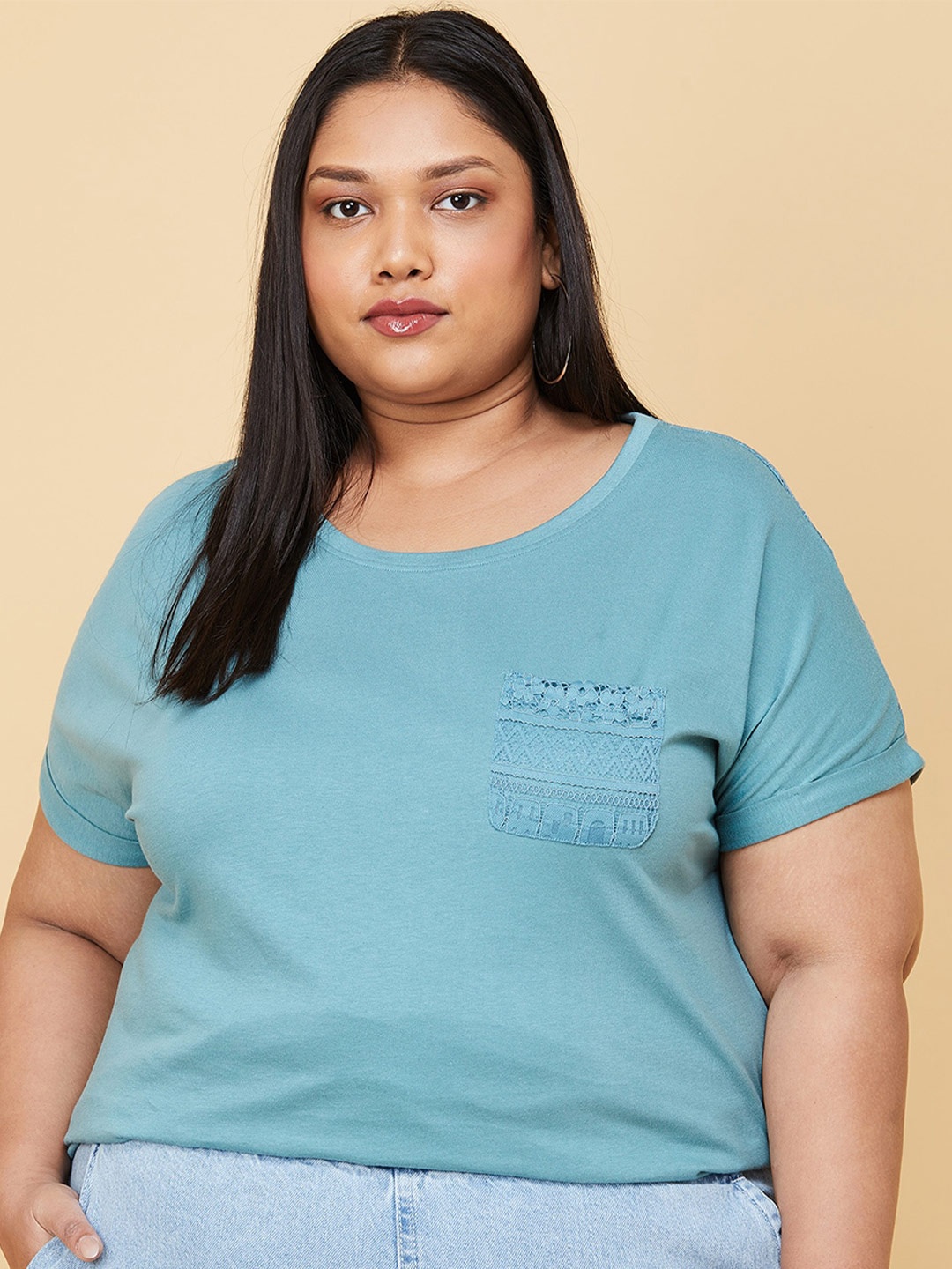 

max Women Plus Size Blue Extended Sleeves Top