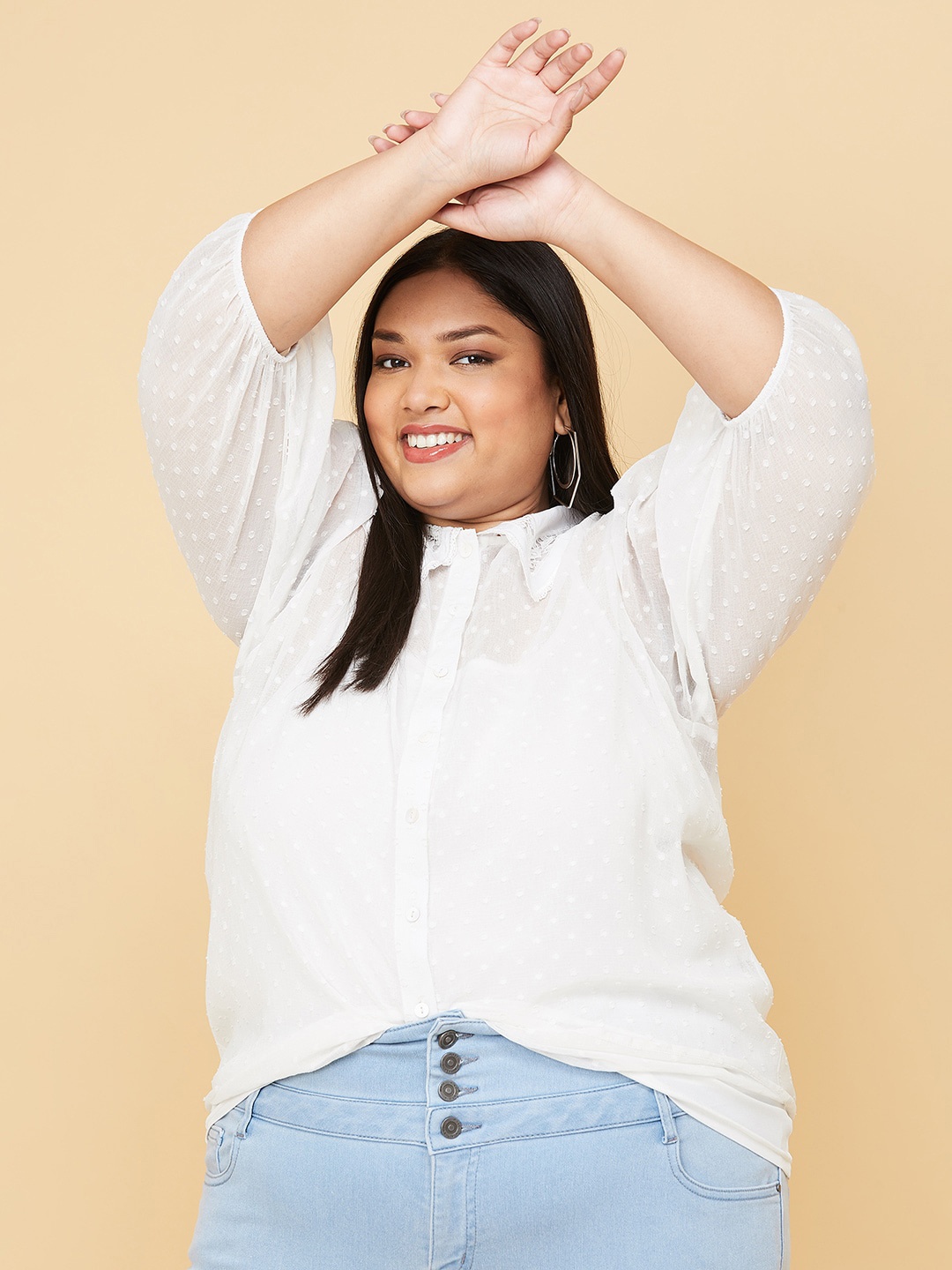 

max Plus Size White Self Design Peter Pan Collar Shirt Style Top
