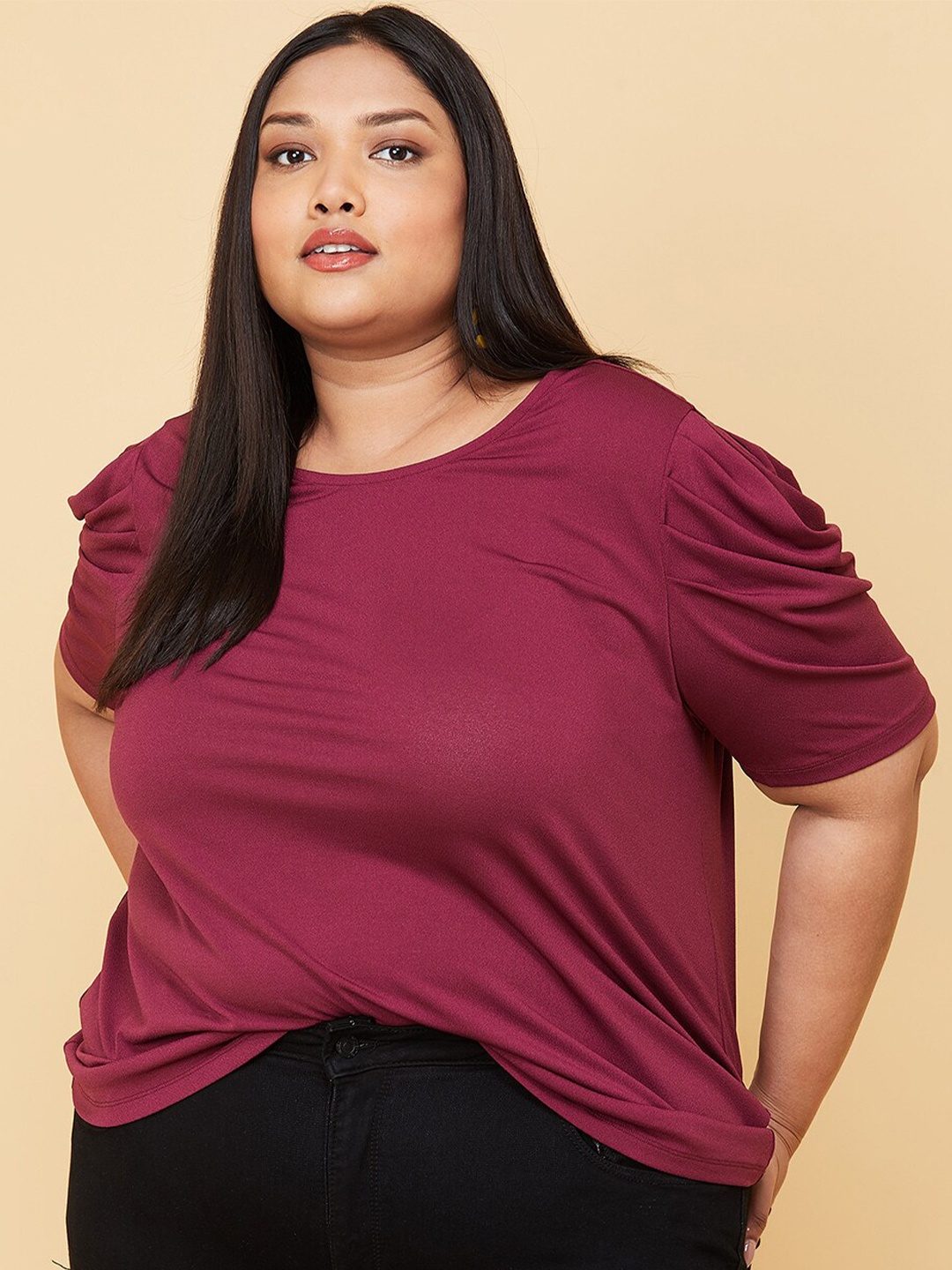 

max Women Plus Size Burgundy Solid Puff Sleeves Top